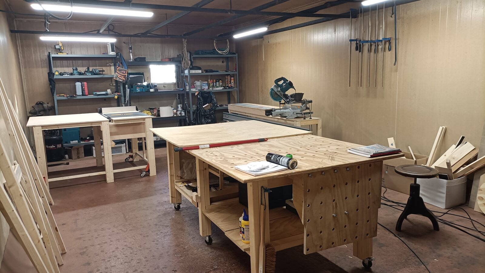 Wood workshop with tools and benches